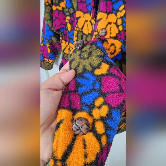 Fleece Floral Button Up Jacket Orange Purple Size XL - Picture 7 of 10